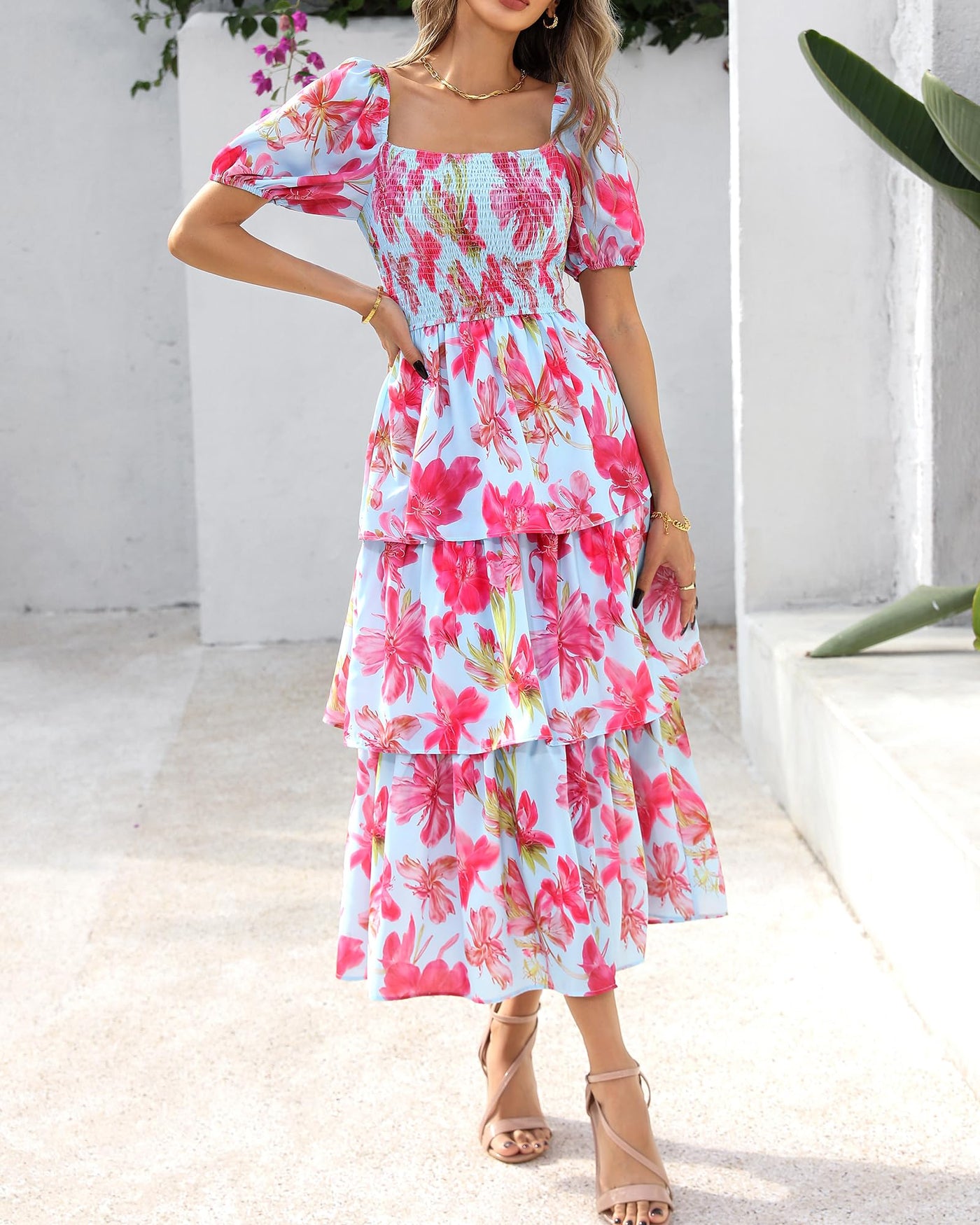 Limited time sale🔥Women's Floral Square Neck Puff Short Sleeve Smocked Tiered Dress