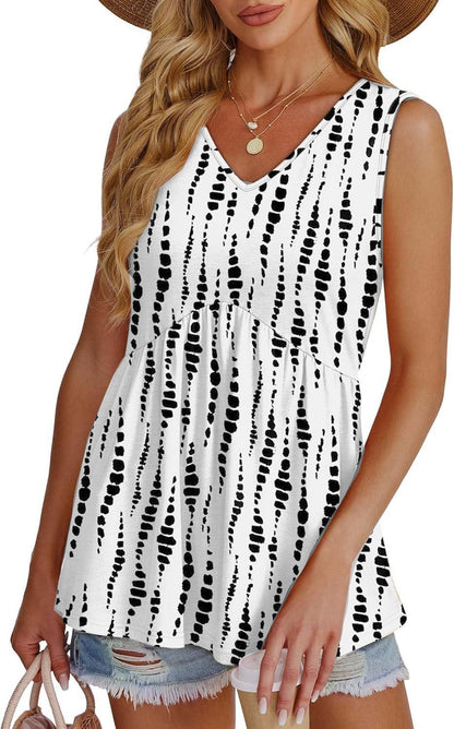 Limited time sale🔥Women's Print Flowy Sleeveless V Neck Peplum Tank Tops