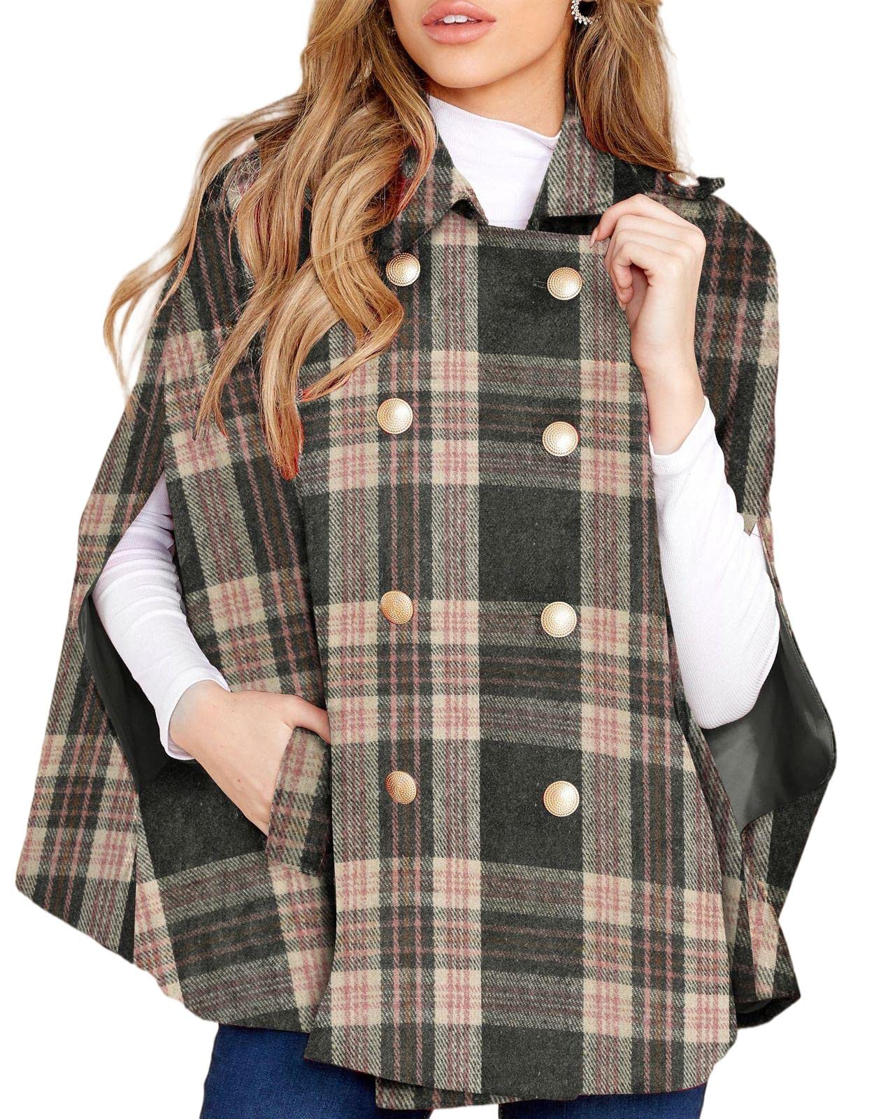 Women's Plaid Double Breasted Winter Cape Turn Down Poncho Coats