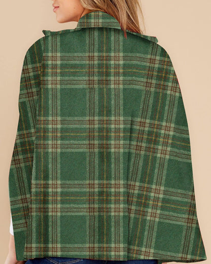 Women's Plaid Double Breasted Winter Cape Turn Down Poncho Coats