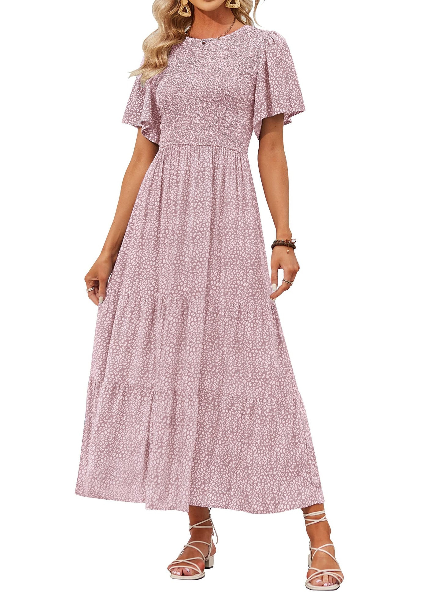 ✨Women's Casual Floral Print Short Flutter Sleeve Smocked High Waist Flowy Maxi Dress