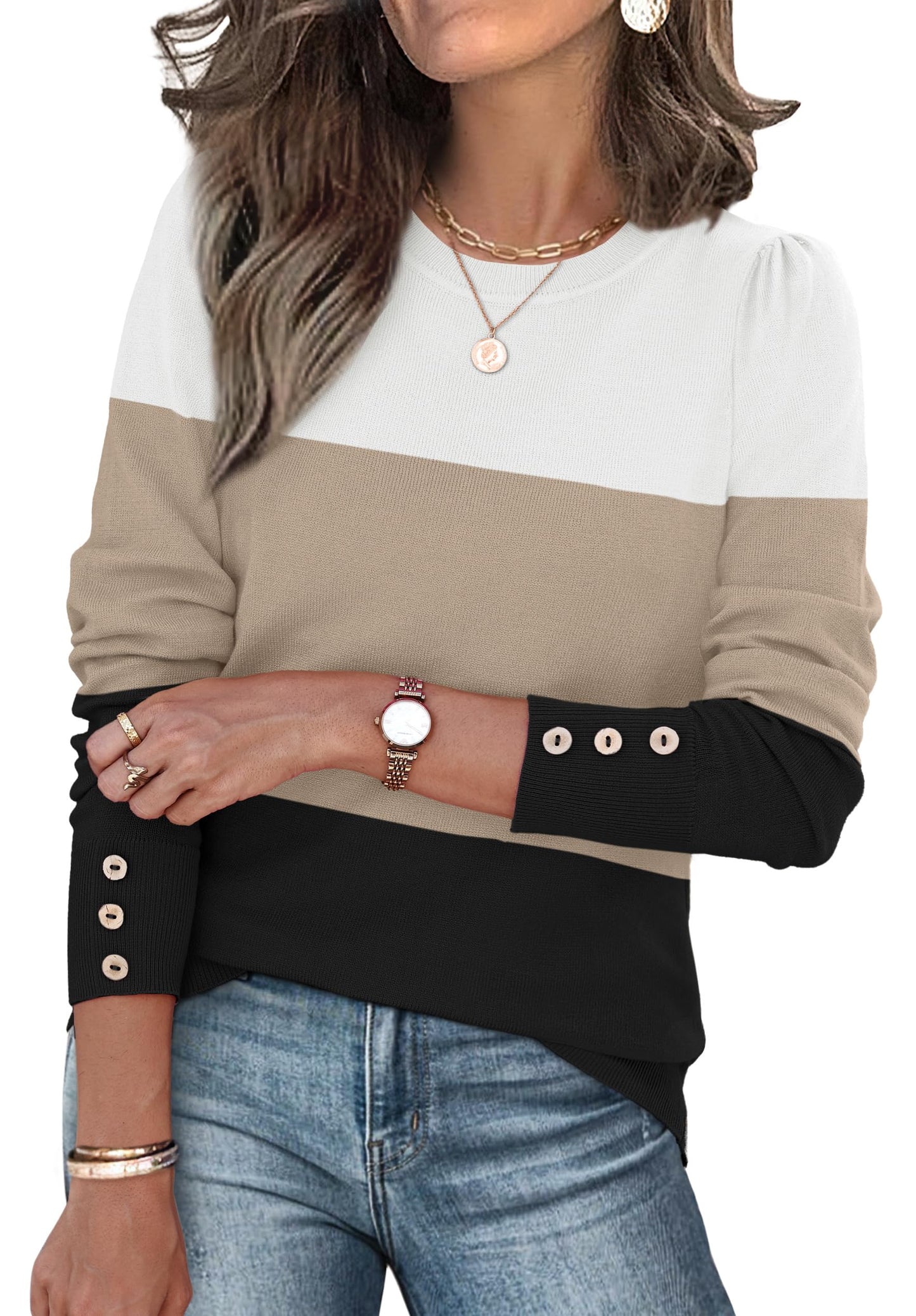 Long Sleeve Button Cuff Soft Knit Pullover Trendy Tops