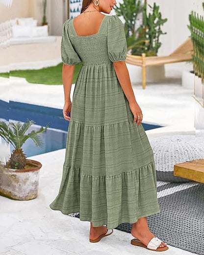 Women's Summer Puff Sleeve Loose Fit Midi Dress （BUY 2 FREE SHIPPING)