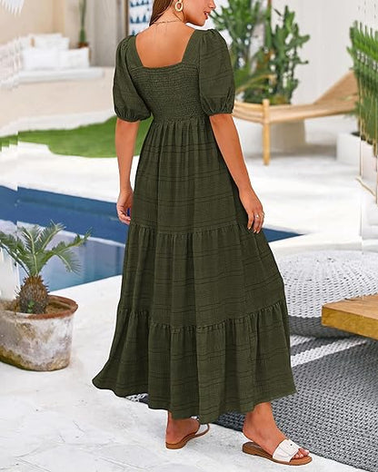 Women's Summer Puff Sleeve Loose Fit Midi Dress （BUY 2 FREE SHIPPING)