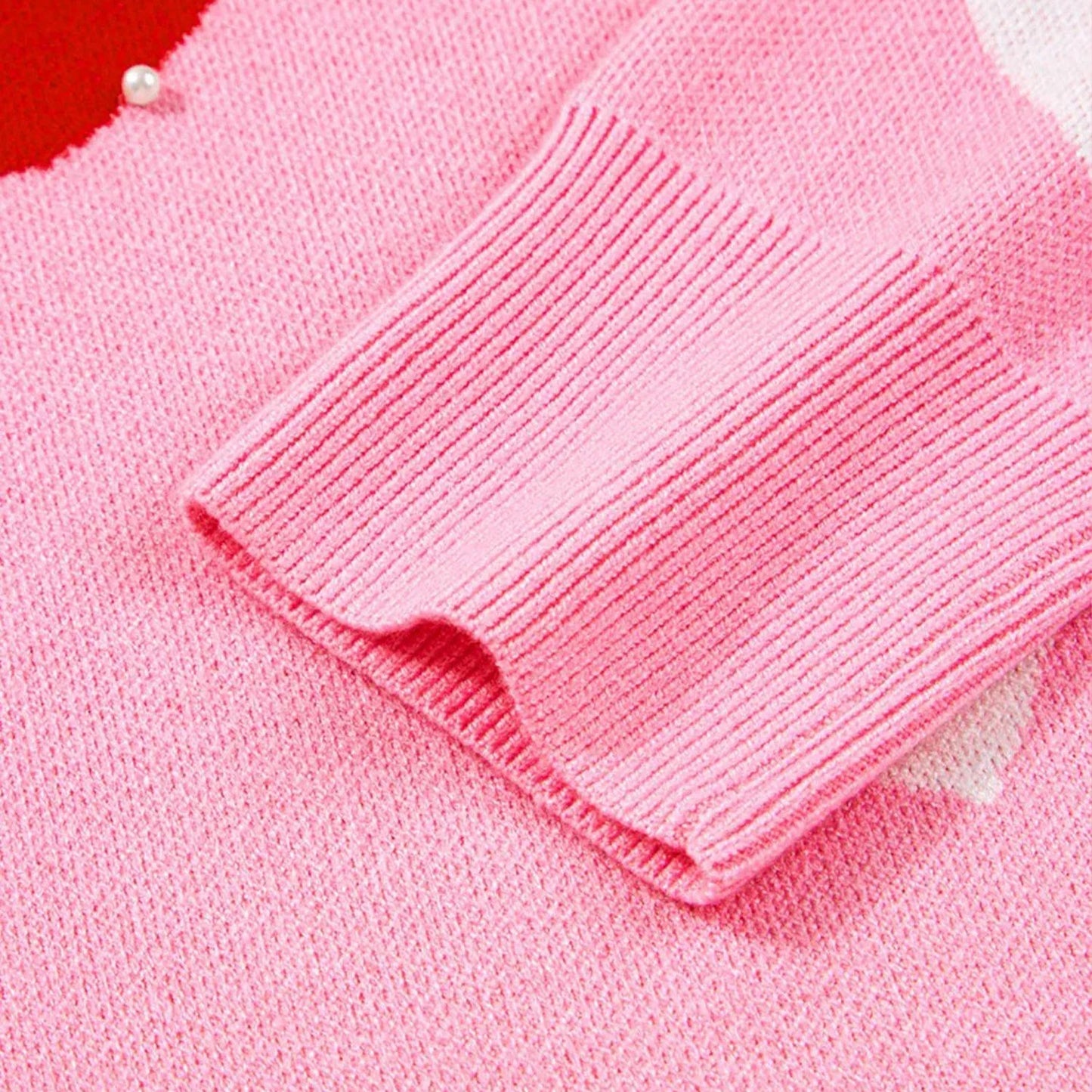 Pearl Embellished Heart Pattern Valentines Day Sweater