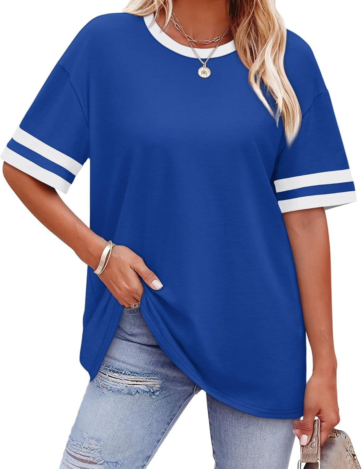 ✨ Women's Oversized Crew Neck Colorblock Striped Sleeve T-shirt
