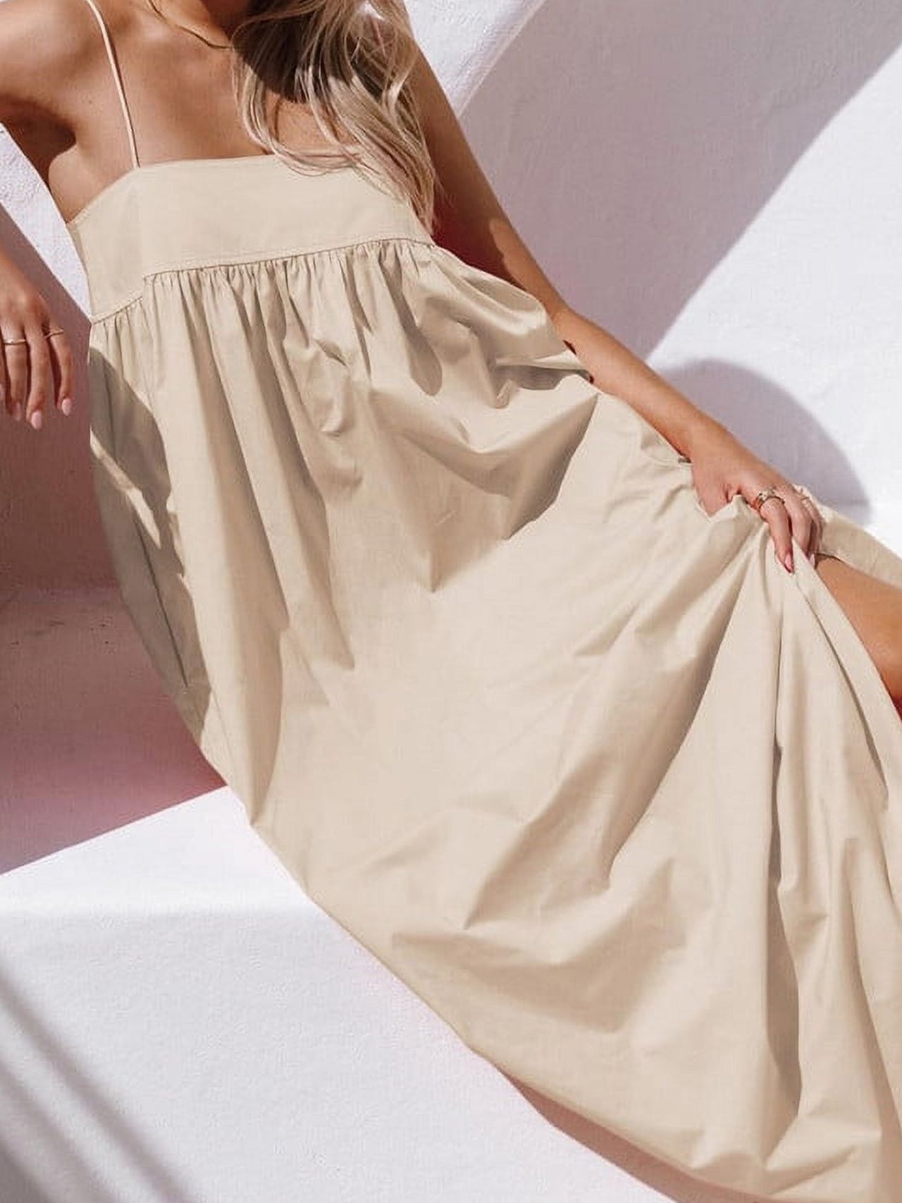 Women's Summer Backless Tied Spaghetti Straps Casual  Cutout Maxi Dress with Pockets
