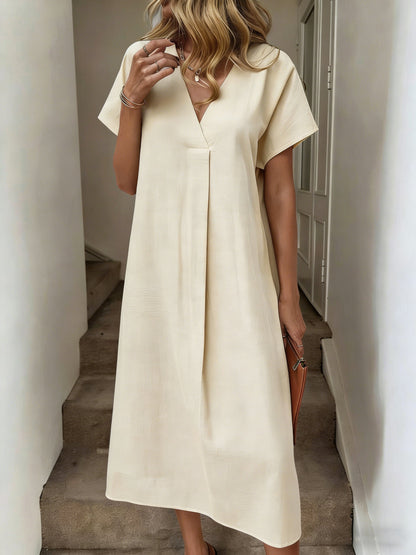 Women's Solid V-Neck Raglan Sleeve Loose Cotton Midi Dress