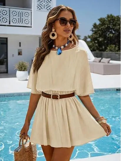 ⏰Hot Sale-Women’s Casual Short Sleeve Elastic Waist Loose Flowy Mini Skirt Dress
