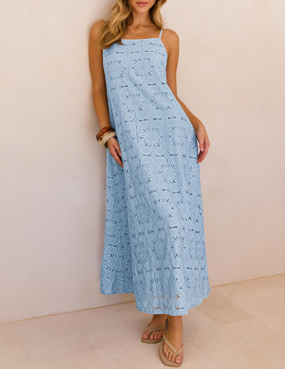 2026 Casual Sleeveless Floral Lace Eyelet Boho Beach Maxi Dress