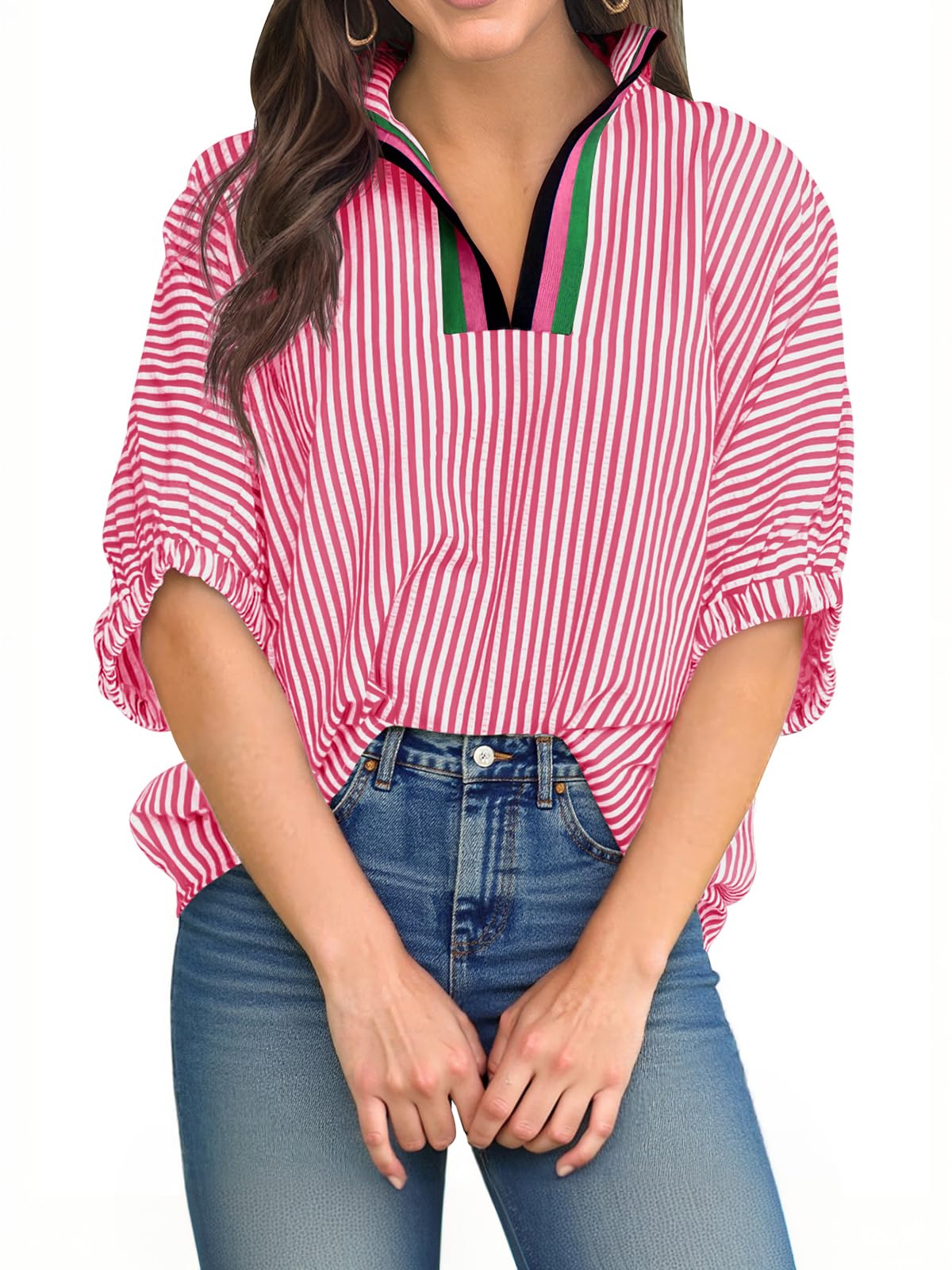 ⏰Hot Sale-Womens V Neck Striped Blouse Oversized Dolman Sleeve Tops