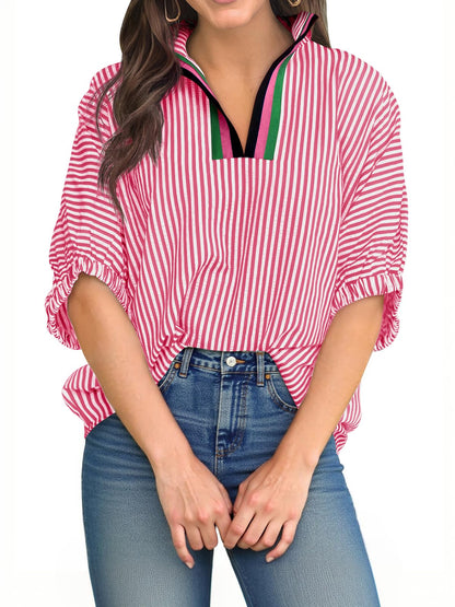 ⏰Hot Sale-Womens V Neck Striped Blouse Oversized Dolman Sleeve Tops
