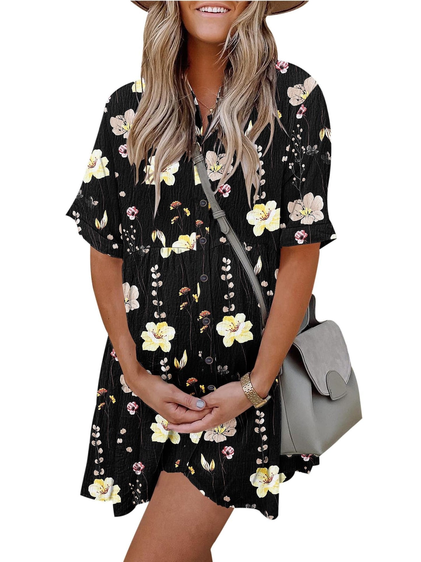 Women's Printed Short Sleeve Button Down Dress with Pockets