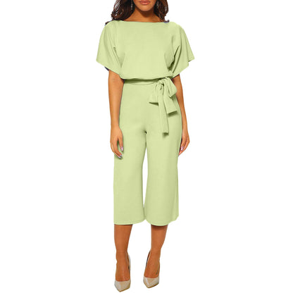 Women's summer and autumn short sleeved jumpsuit with bow tie