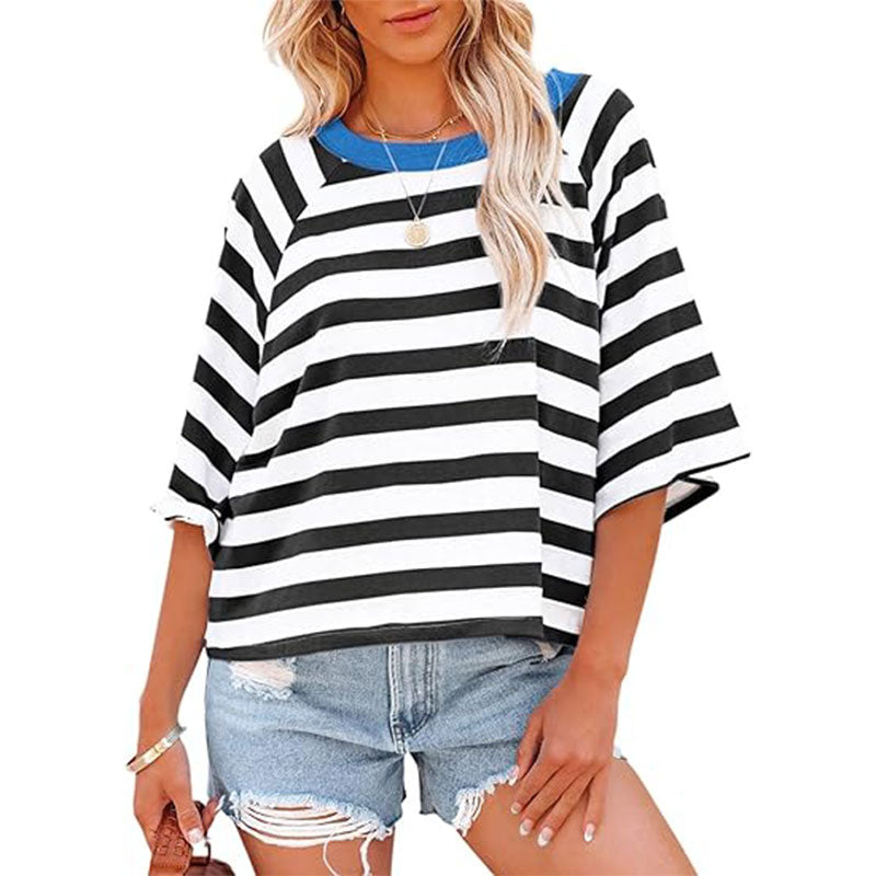 Women Summer Striped  Color Blocking T Shirts Tee