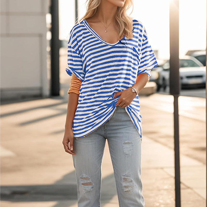 Women Oversized Deep V Neck Striped Shirt(Buy 2 Free Shipping)