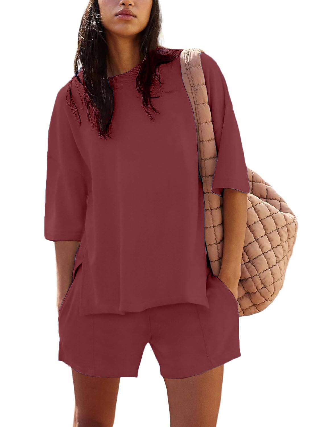 Women's Casual Solid Color Suit with Slit Top and Shorts