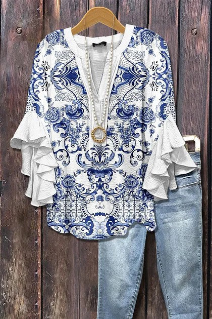 Women's Mixed Floral Print Ruffle Bell Sleeve Top