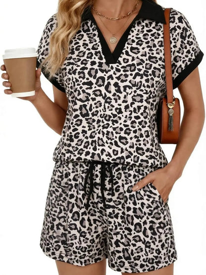 2026 Summer Cap Sleeve V-neck lapel Top & Drawstring Shorts