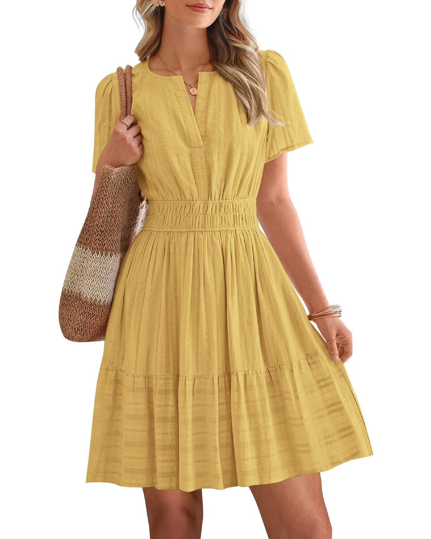 Women's Lightweight Short Sleeve V Neck Elastic Waist Mini Dress