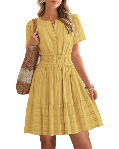 Women's Lightweight Short Sleeve V Neck Elastic Waist Mini Dress