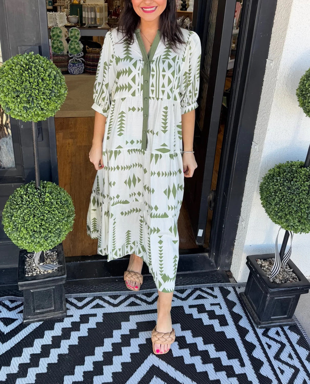 ✨Women's Button V Neck Geometric Print Dress
