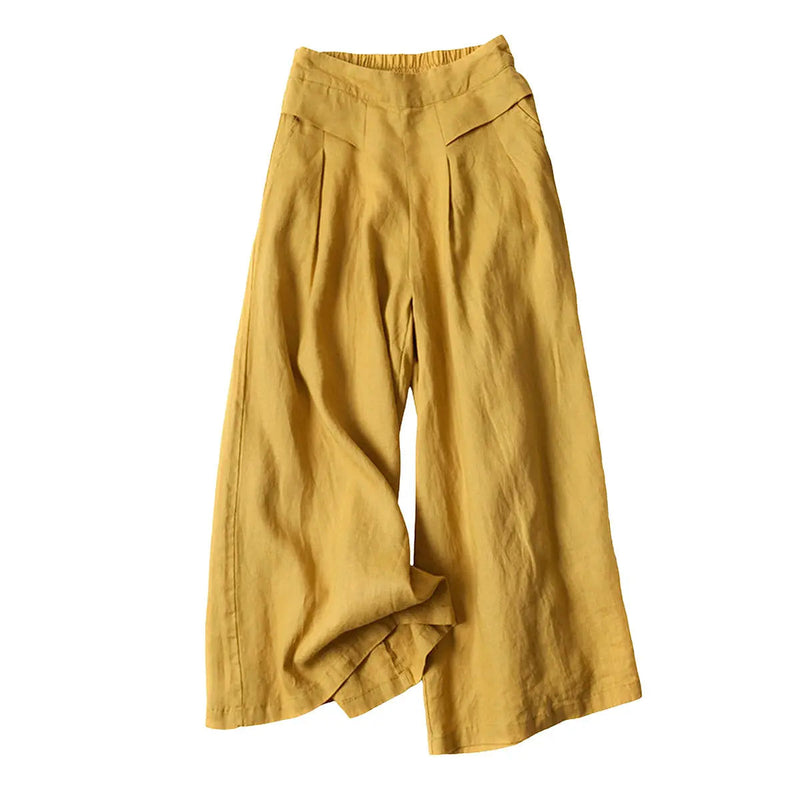 Women's Cotton Linen Culottes Pants Elastic Waist Wide Leg Palazzo Trousers