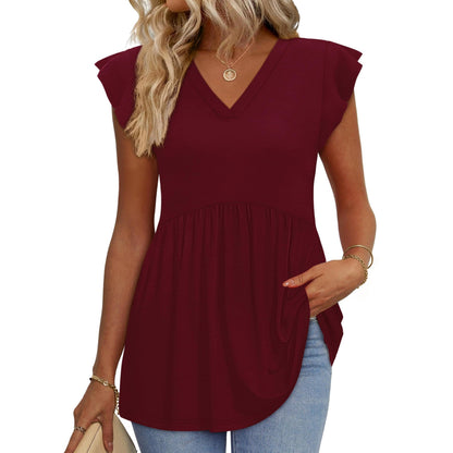 Women's Floral V-Neck Ruffle Sleeve Babydoll Blouse
