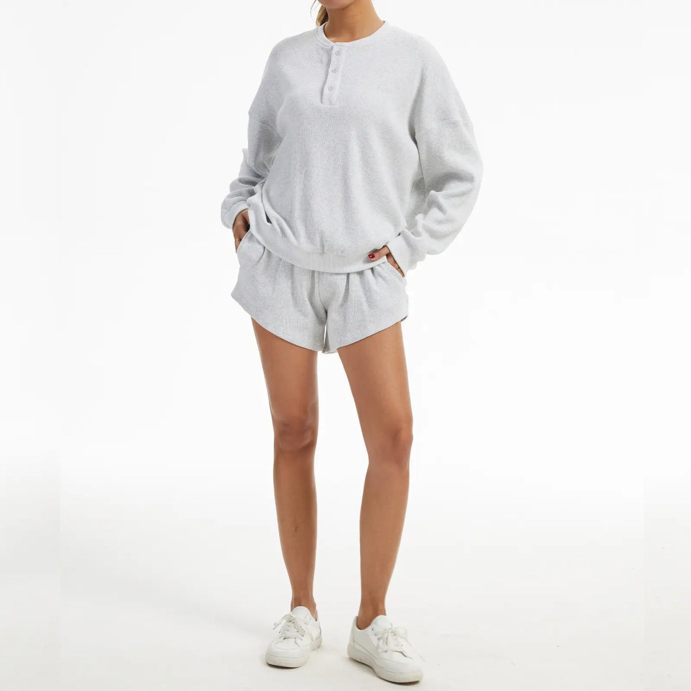 Women's Oversized Waffle Knit Lounge Set - Henley Sweatshirt & High Waisted Shorts