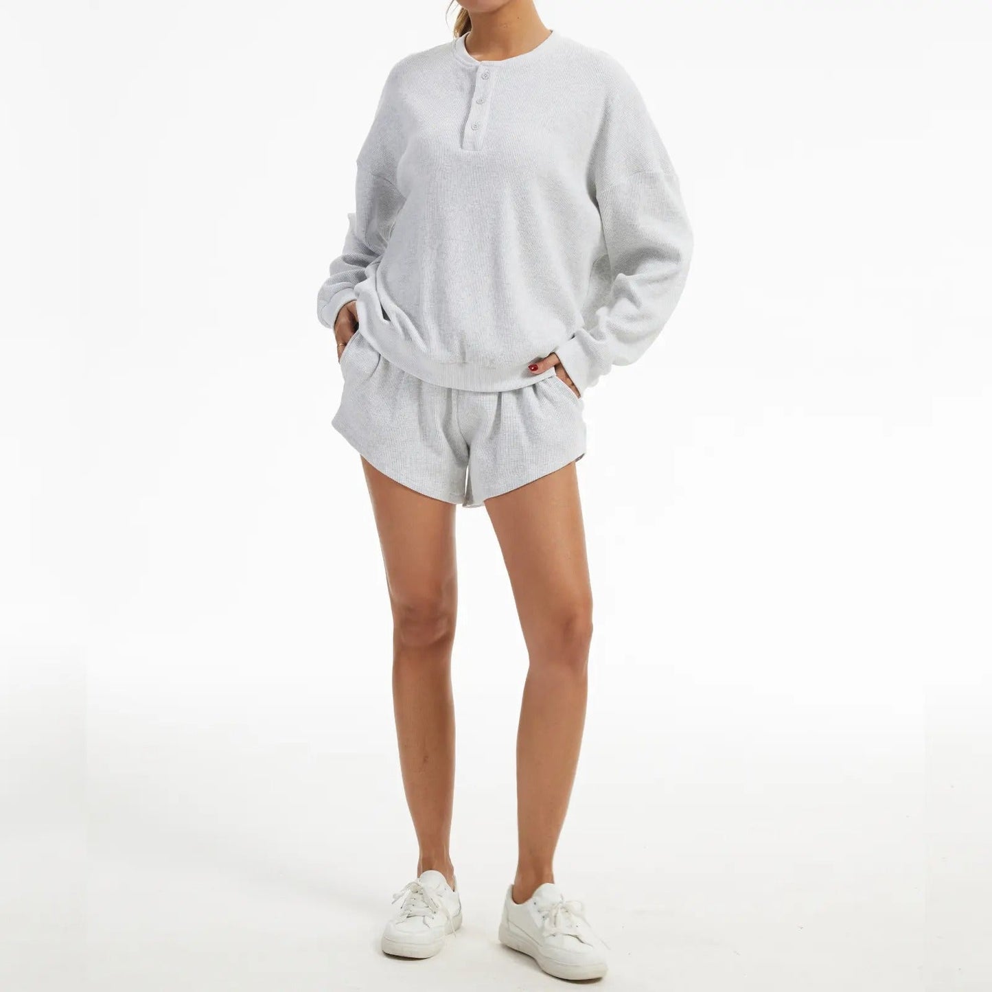 Women's Oversized Waffle Knit Lounge Set - Henley Sweatshirt & High Waisted Shorts