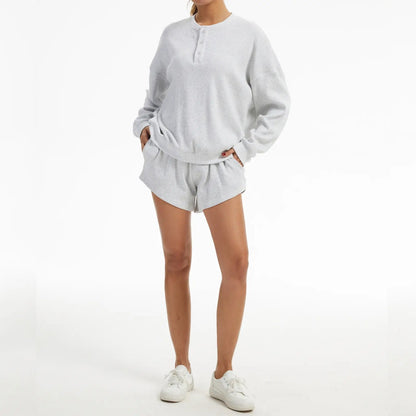 Women's Oversized Waffle Knit Lounge Set - Henley Sweatshirt & High Waisted Shorts