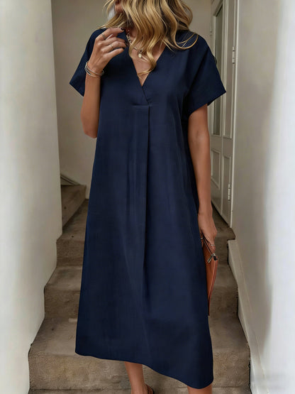 Women's Solid V-Neck Raglan Sleeve Loose Cotton Midi Dress