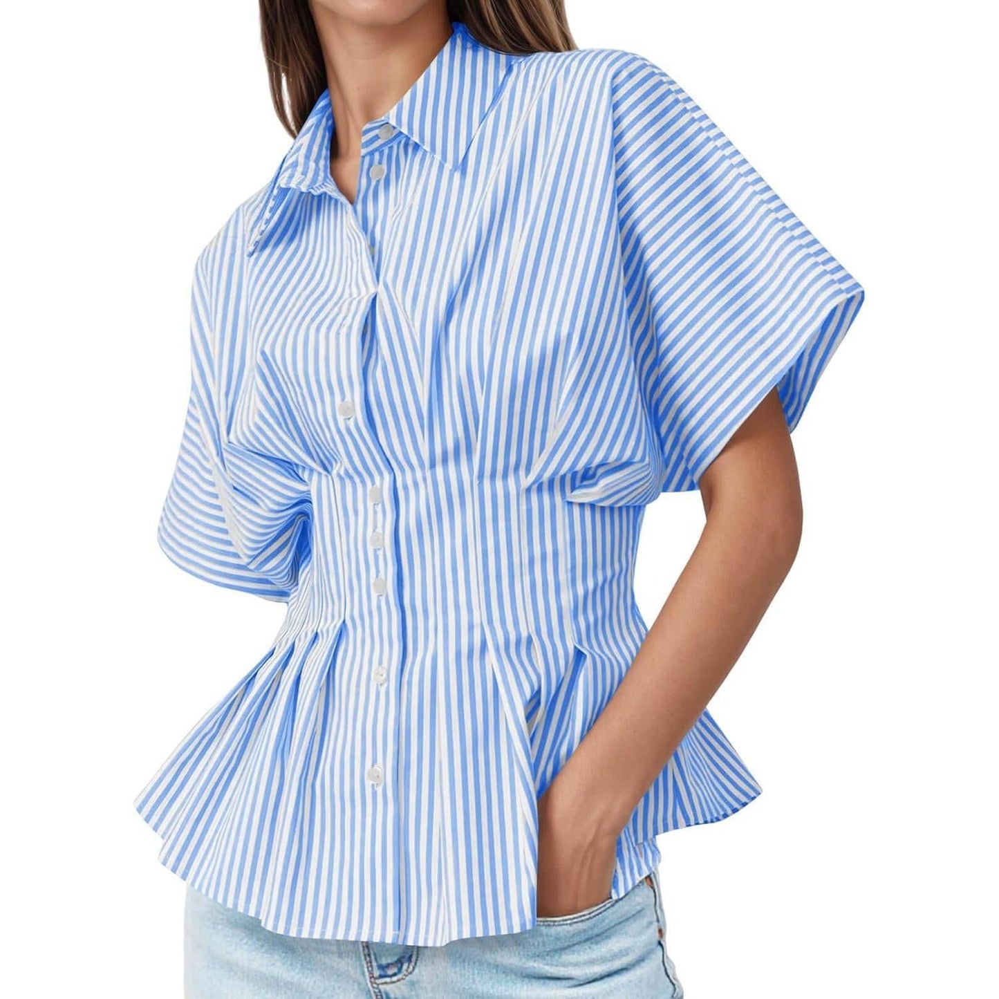 Women's Striped Peplum Button-Down Blouse
