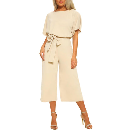 Women's summer and autumn short sleeved jumpsuit with bow tie