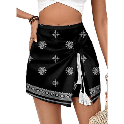 Women's Boho Floral Wrap Skort, Chiffon Flowy Tie Front Shorts