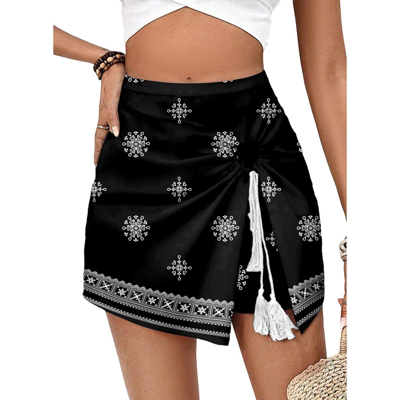 Women's Boho Floral Wrap Skort, Chiffon Flowy Tie Front Shorts