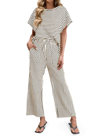 Limited time sale🔥Womens Striped 2 Piece Sets Short Sleeve T Shirts Wide Leg Pants with Pockets