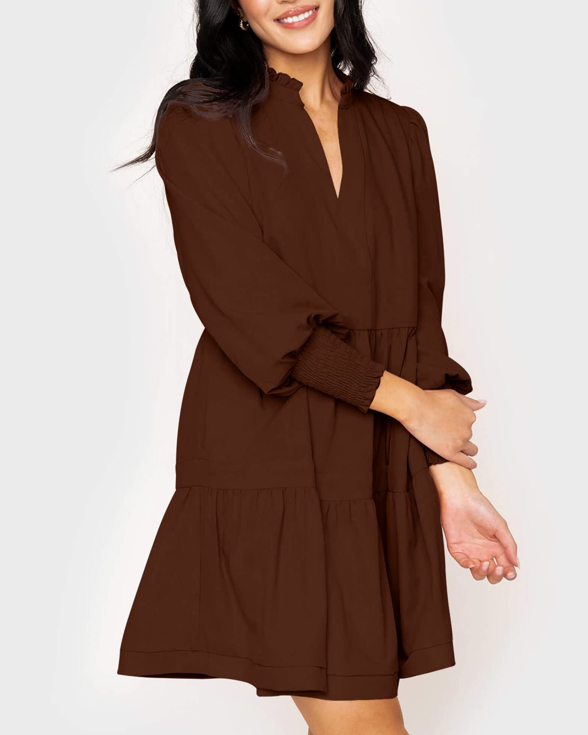 Women's  Casual V Neck Fall Long Sleeve Loose Ruffle Tiered Dress
