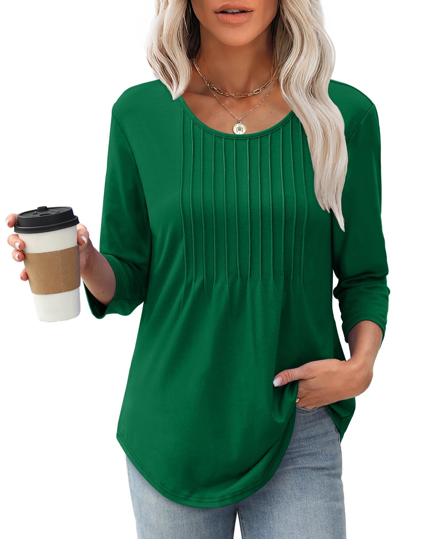 Limited time sale🔥Women's 3/4 Length Sleeve Crewneck Casual Pleated Tunic Tops