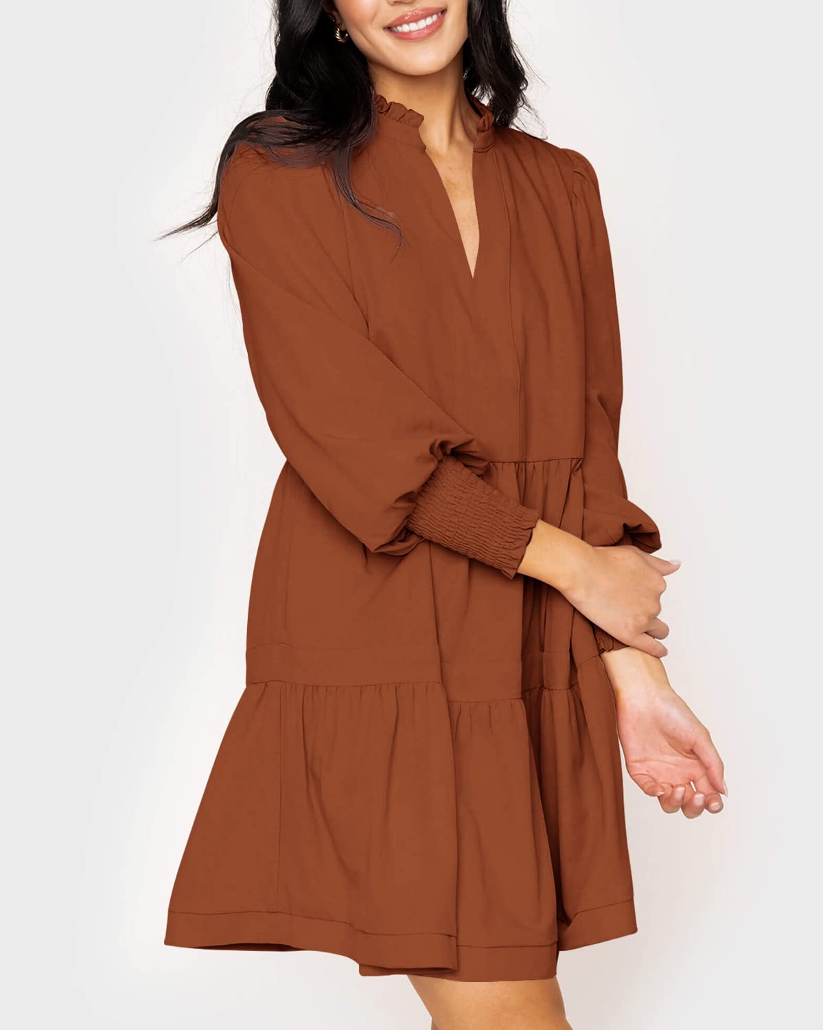 Women's  Casual V Neck Fall Long Sleeve Loose Ruffle Tiered Dress
