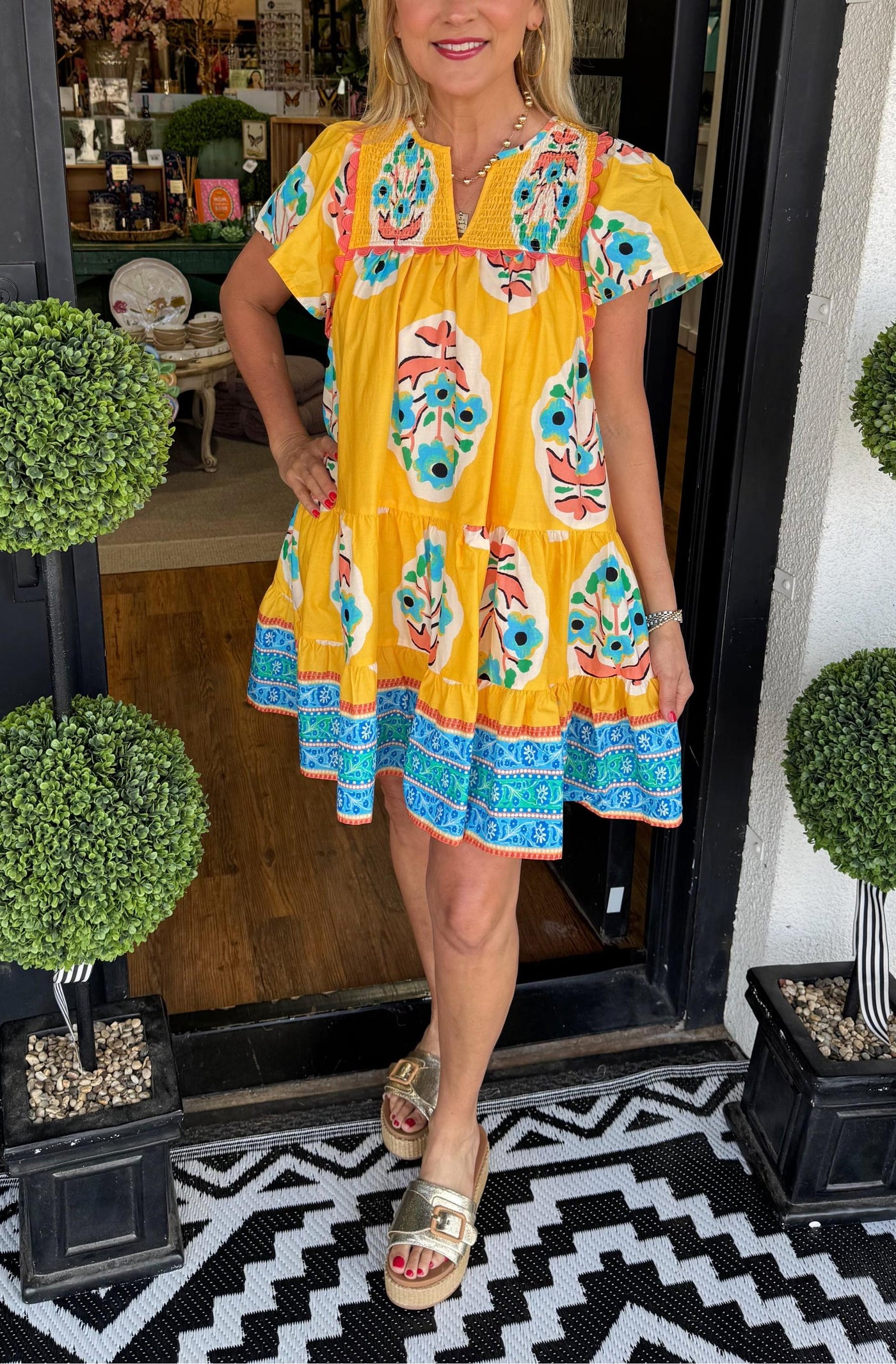 Women's V-neck Pleated Print Short Dress