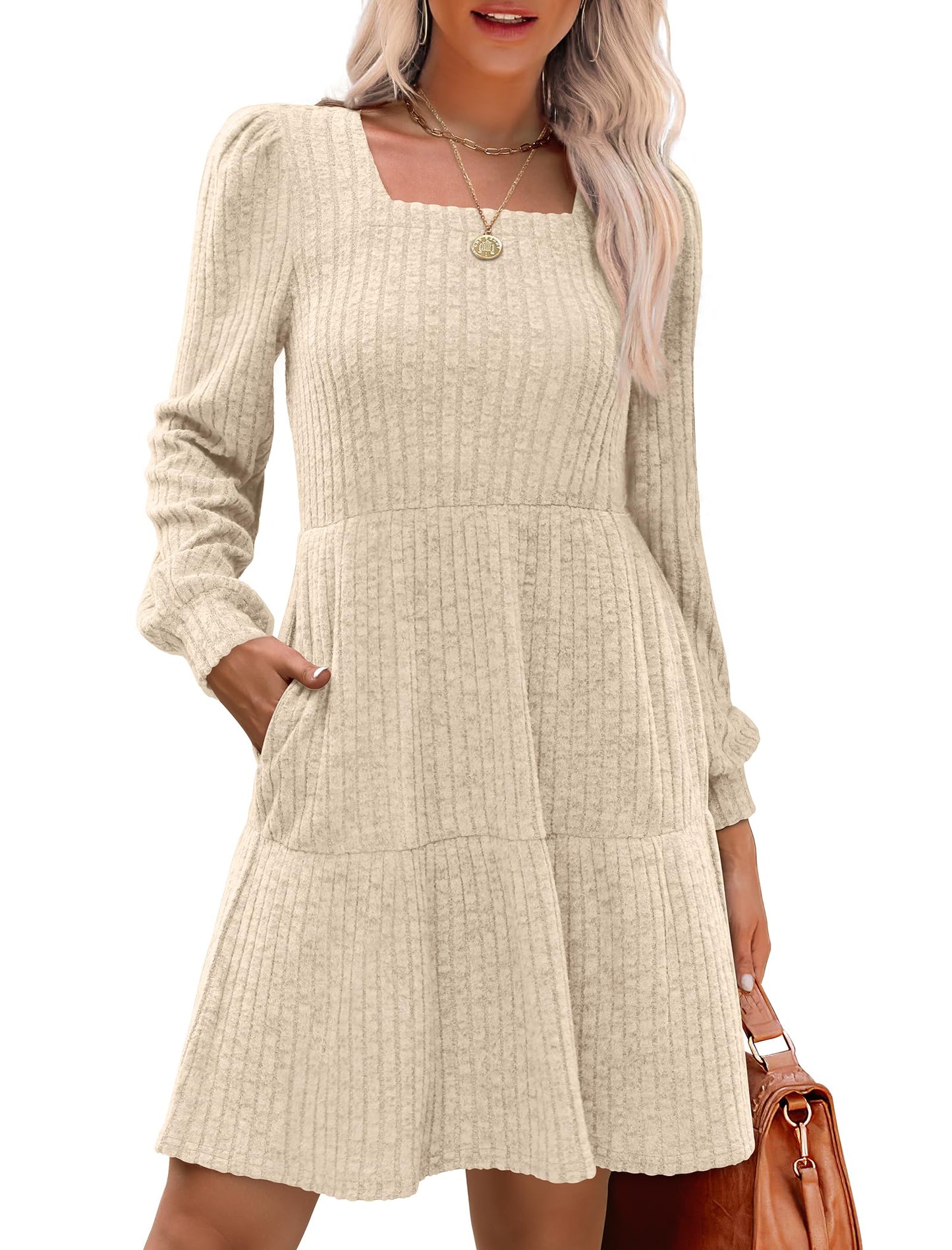 Limited time sale🔥Women's Square Neck Lantern Sleeve Ribbed Dress