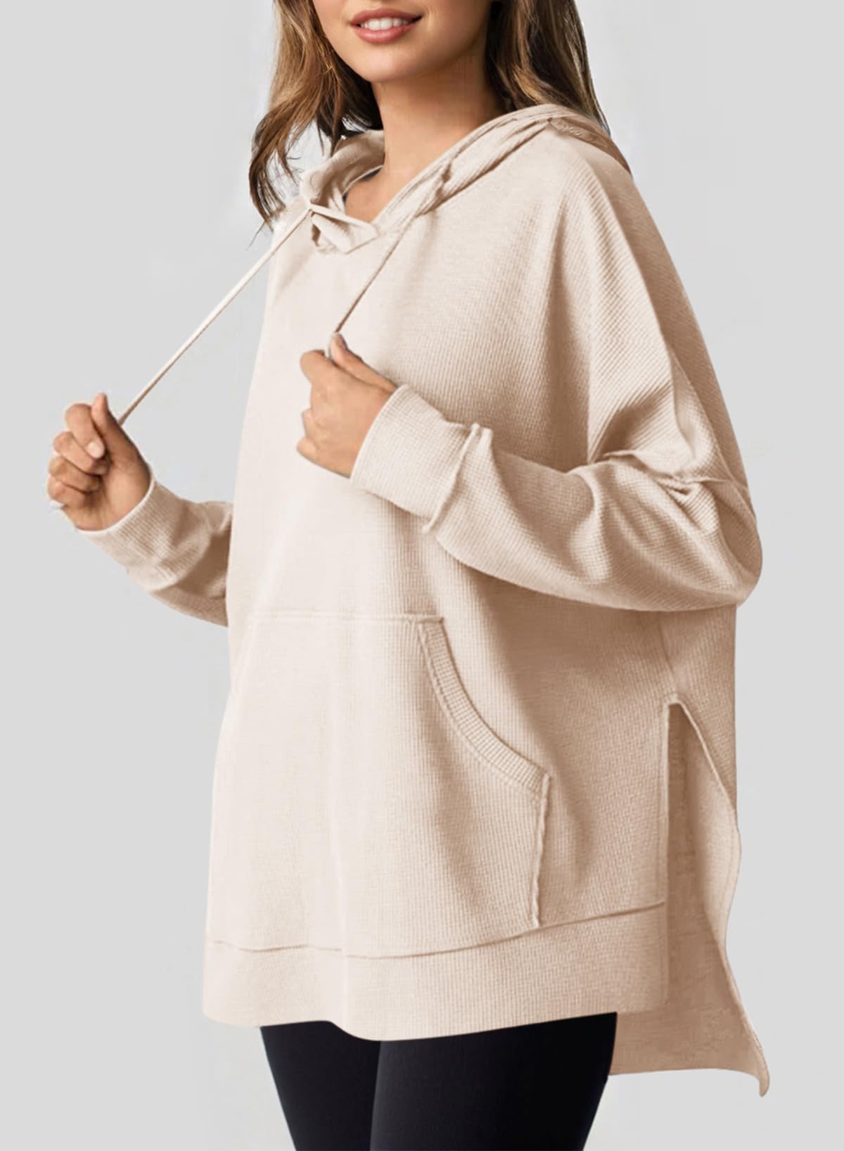 ✨Oversized Hoodies for Women Waffle Knit Drawstring Side Slit Pullover Sweatshirts with Pocket (Final Days: Big Savings!!!)