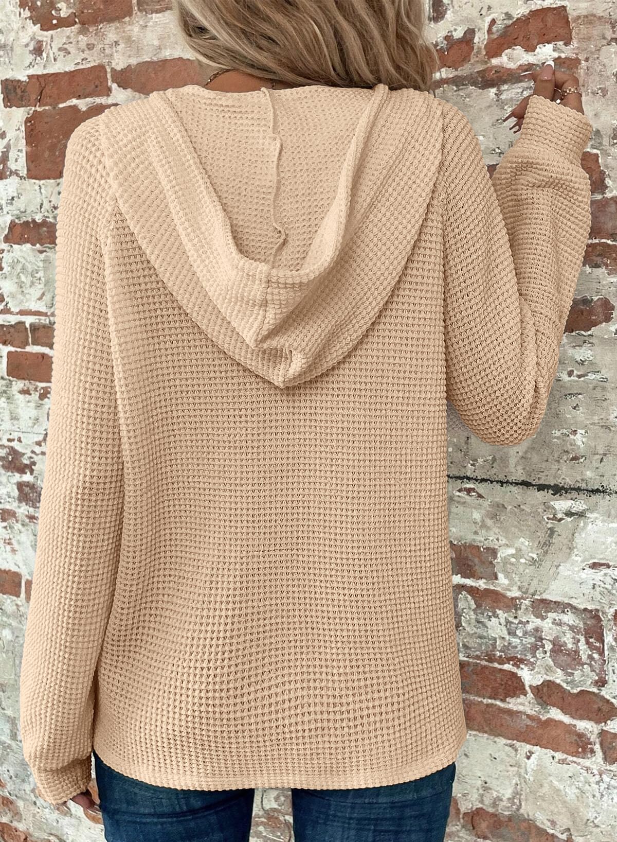 Women's Waffle Knit Drawstring Button V Neck Hooded Sweatshirt(buy 2 free shipping)