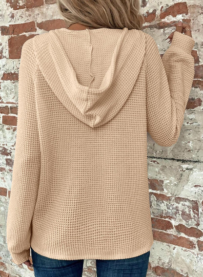 Women's Waffle Knit Drawstring Button V Neck Hooded Sweatshirt(buy 2 free shipping)