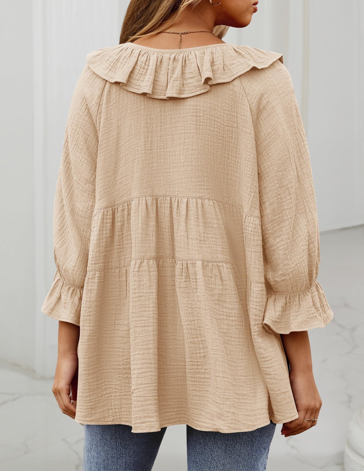 ✨2025 New Women’s Scoop Neck 3/4 Length Sleeve Tie Front Ruffle Tiered Tunic Shirts