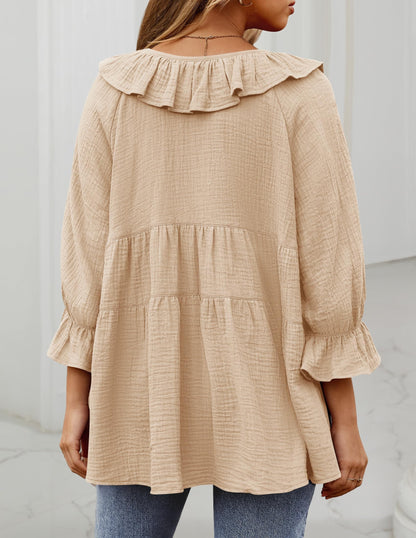 ✨2025 New Women’s Scoop Neck 3/4 Length Sleeve Tie Front Ruffle Tiered Tunic Shirts