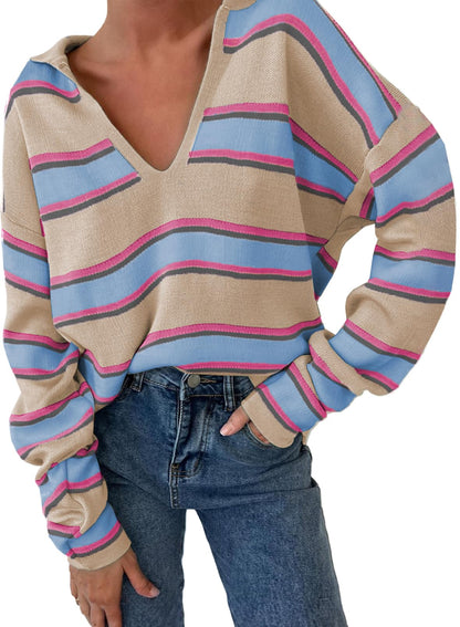 Women's V-neck Striped Oversized Sweater Pullover Top