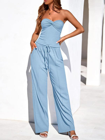Women Ribbed Strapless Twist Knot Tube Top Pants 2 Piece Set