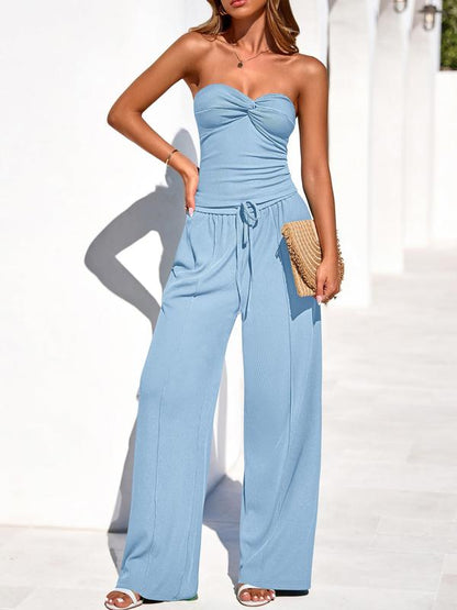 Women Ribbed Strapless Twist Knot Tube Top Pants 2 Piece Set